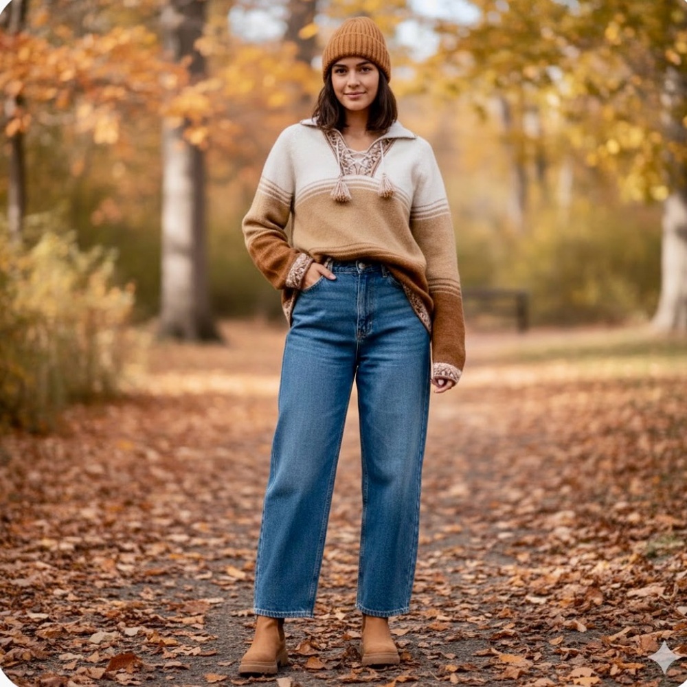 Brown and Cream Women's Sweater